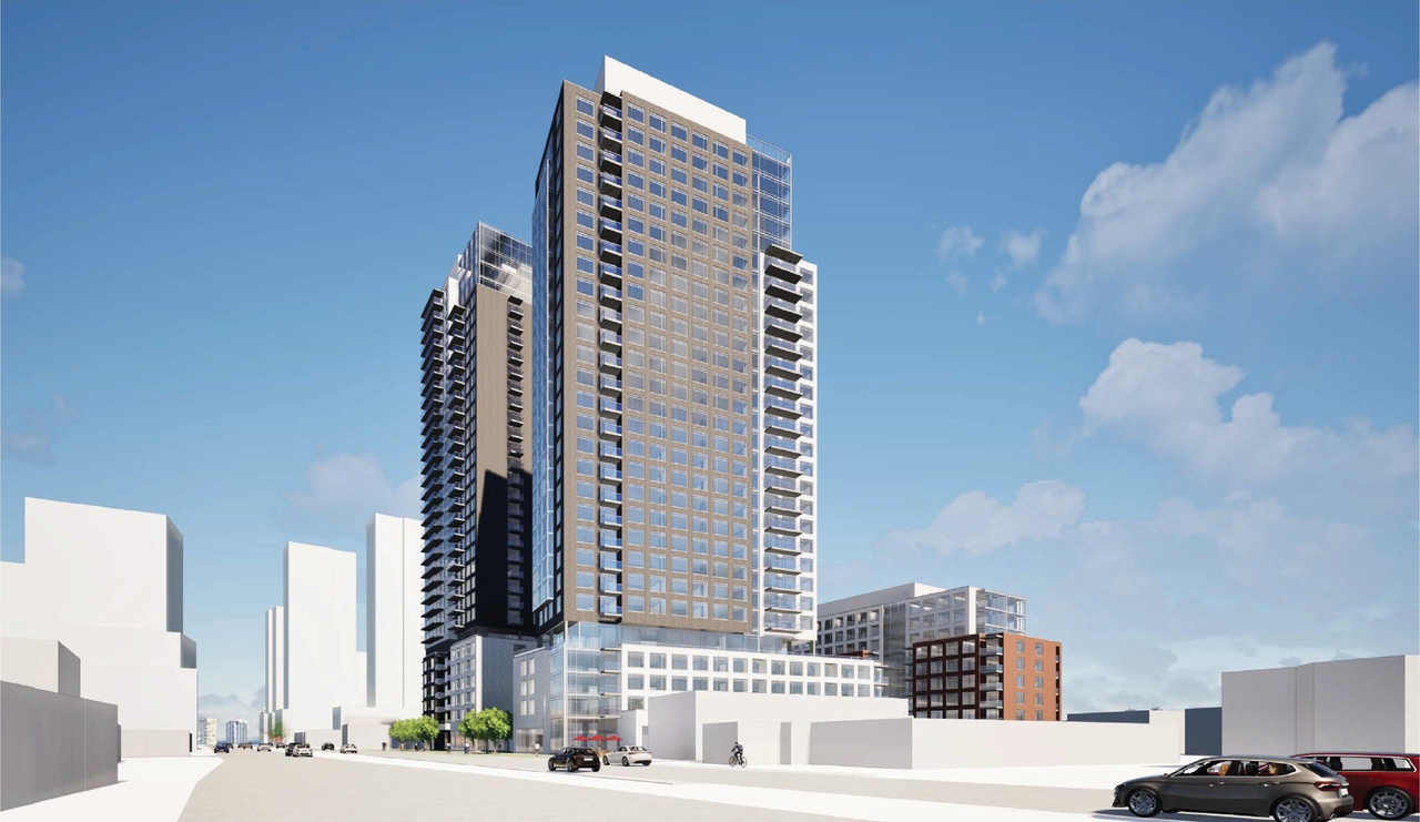 Rendering of building from page 35 of the file '2026-02-10 - Urban Design Brief - D07-12-26-0013 & D02-02-26-0011'