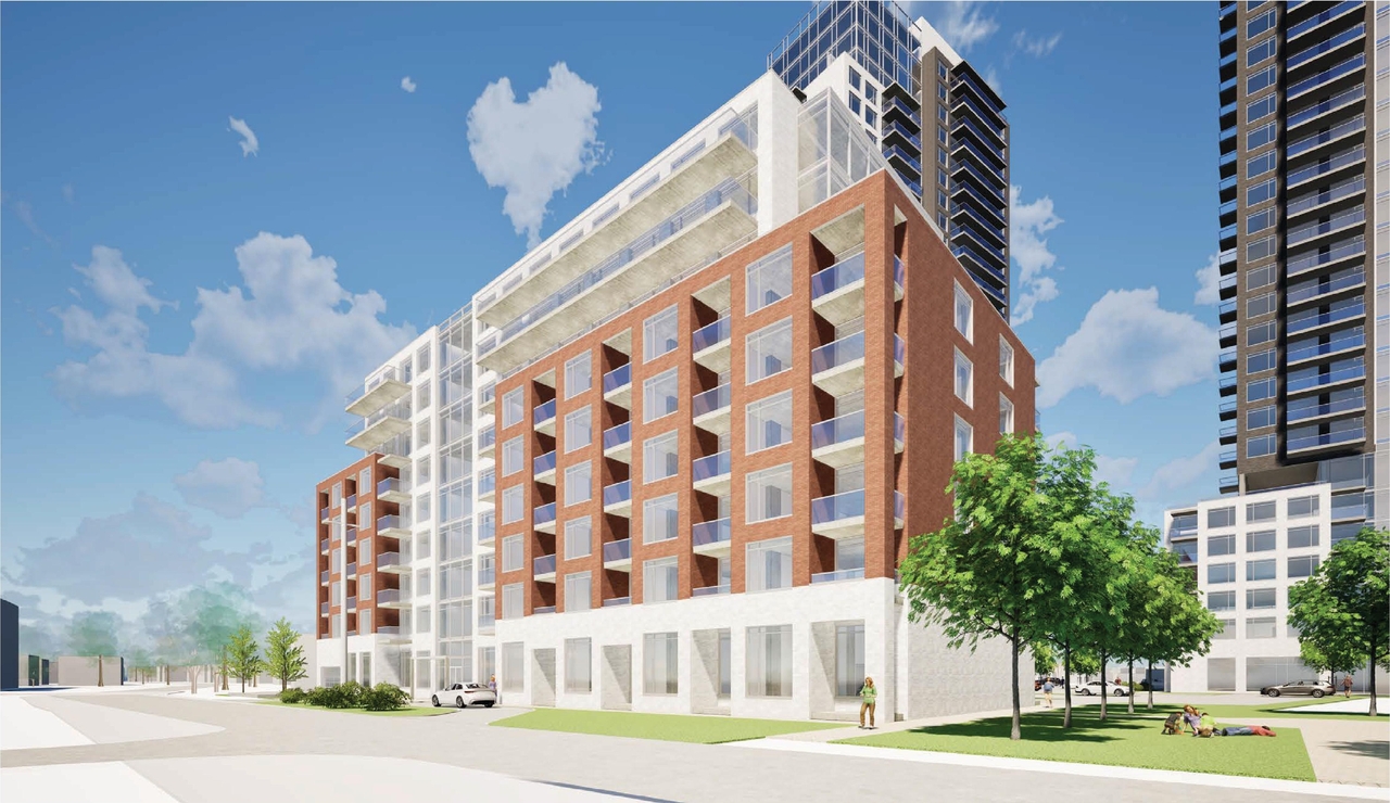 Rendering of building from page 36 of the file '2026-02-10 - Urban Design Brief - D07-12-26-0013 & D02-02-26-0011'