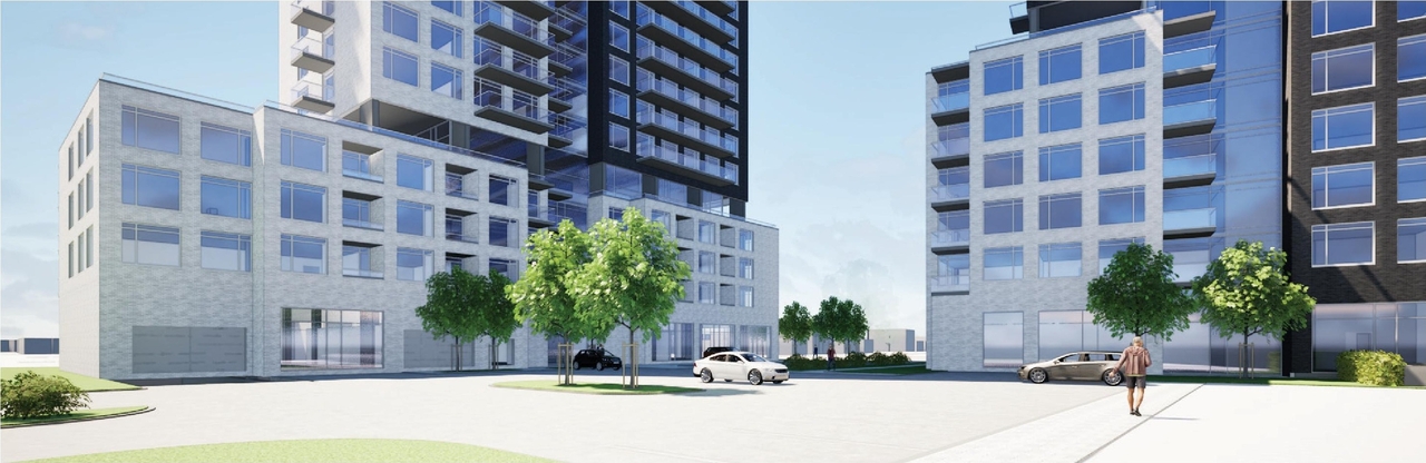 Rendering of building from page 37 of the file '2026-02-10 - Urban Design Brief - D07-12-26-0013 & D02-02-26-0011'