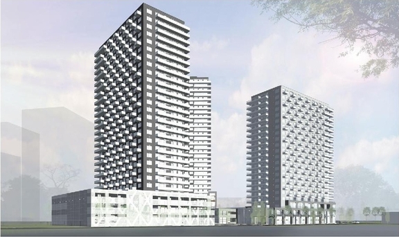 Rendering of building from page 8 of the file '2026-02-19 - Urban Design Brief - D07-12-26-0015'