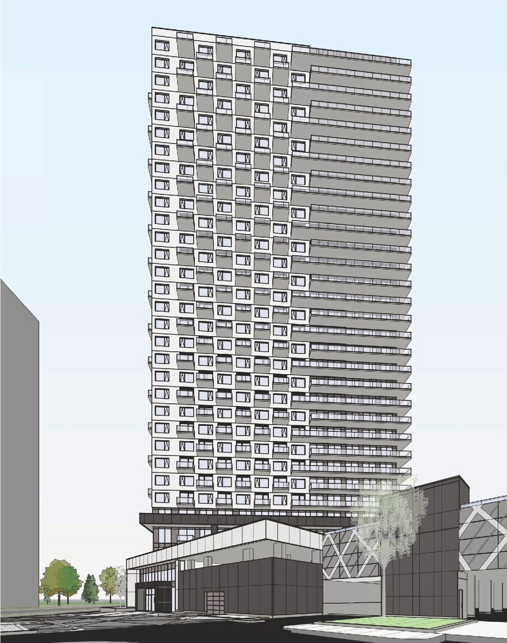 Rendering of building from page 31 of the file '2026-07-20 - Design Brief - D07-12-26-0015'