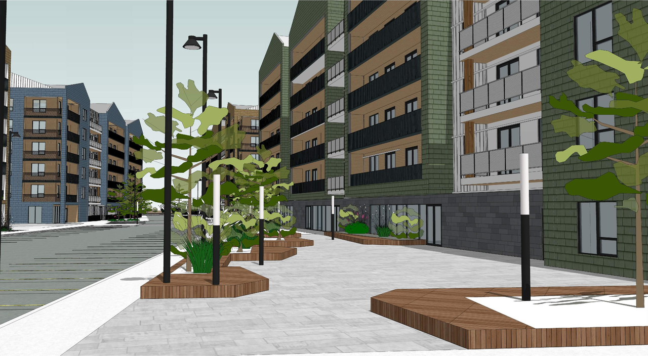 Rendering of building from page 21 of the file '2026-04-16 - Urban Design Brief - D07-12-26-0037'