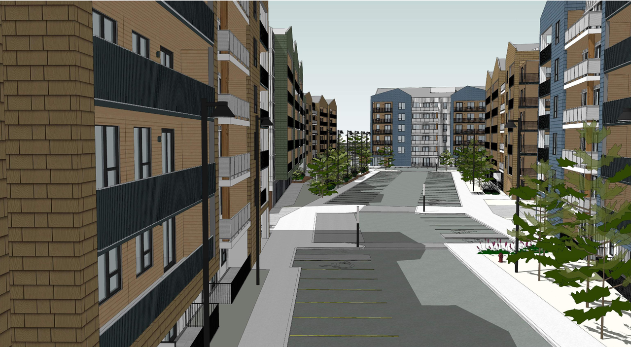 Rendering of building from page 22 of the file '2026-04-16 - Urban Design Brief - D07-12-26-0037'