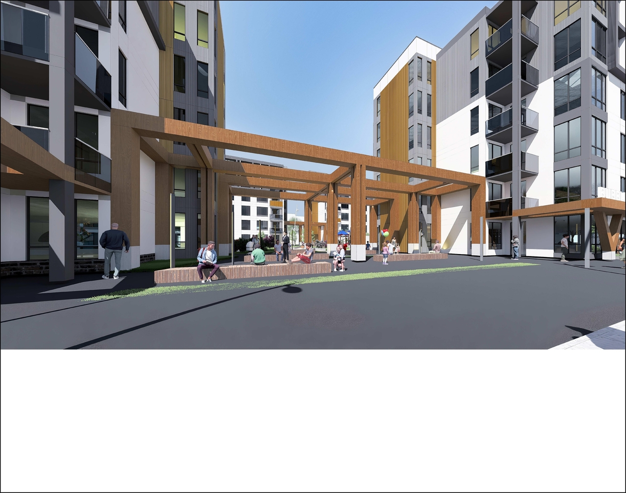 Rendering of building from page 1 of the file '2026-05-26 - View from Entrance - D07-12-26-0057'