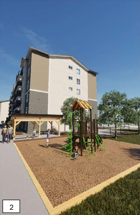 Rendering of building from page 32 of the file '2026-06-17 - Urban Design Brief - D07-12-26-0068'