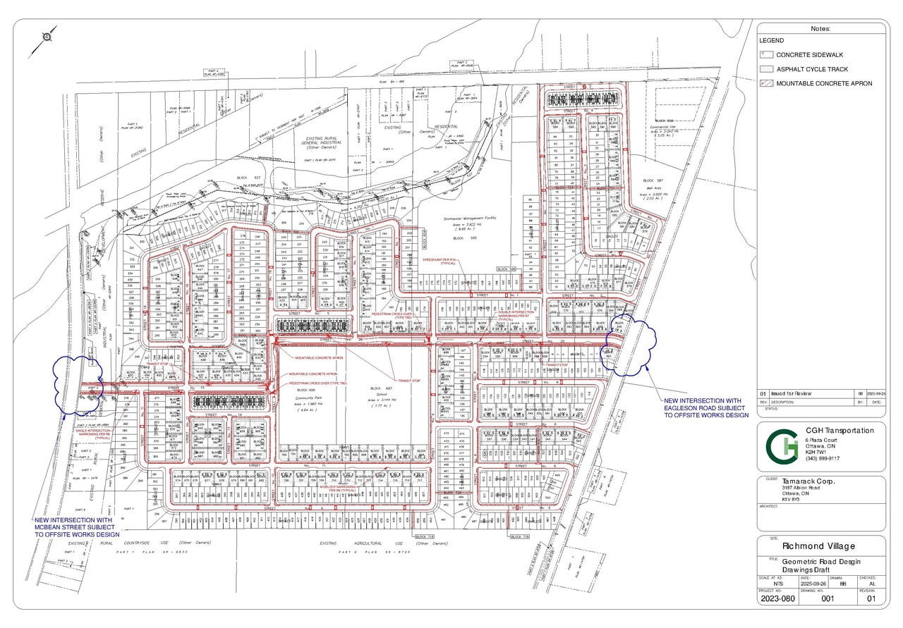 Construction site plan for project from page 1 of the file '2025-10-20 - Geometric Road Design Drawing Draft - D07-16-20-0028'