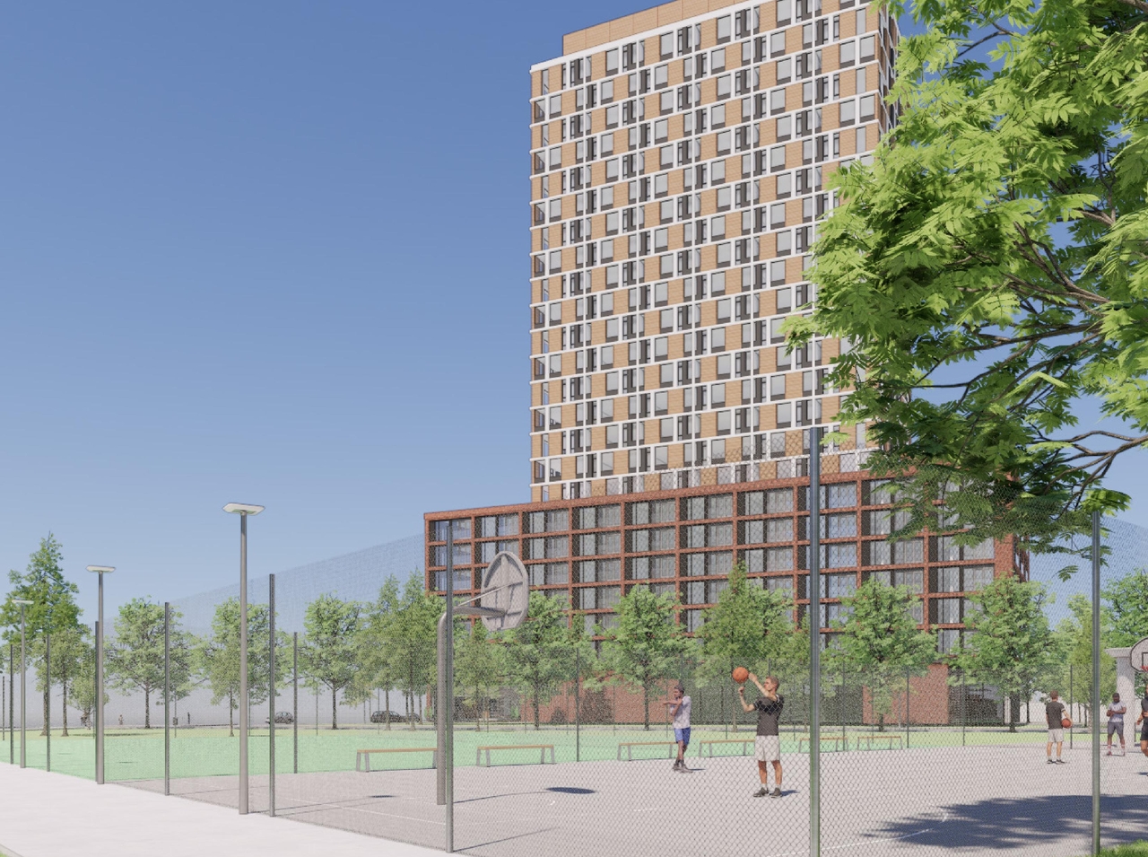 Rendering of building from page 45 of the file '2025-08-08 - Urban Design Brief - D07-16-25-0013'