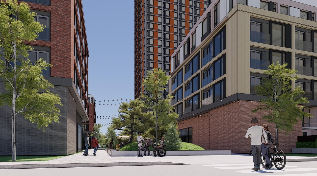 Rendering of building from page 51 of the file '2025-08-08 - Urban Design Brief - D07-16-25-0013'