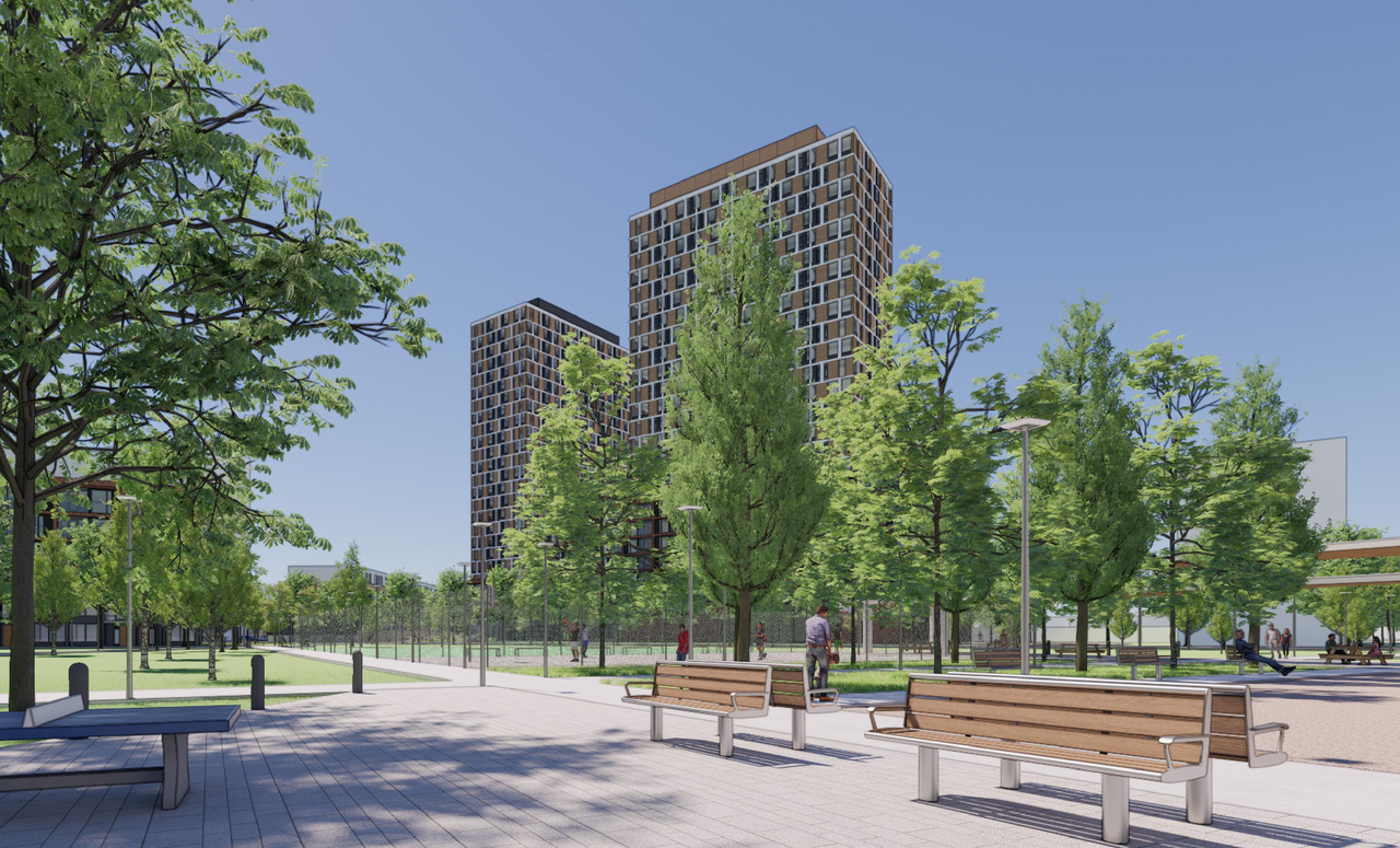 Rendering of building from page 64 of the file '2025-08-08 - Urban Design Brief - D07-16-25-0013'