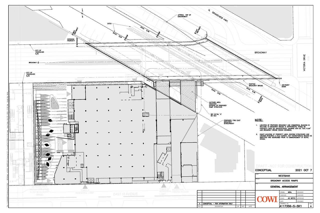 Construction site plan for project from page 1 of the file 'Loading and Access Ramps – Preliminary Screening Drawings'