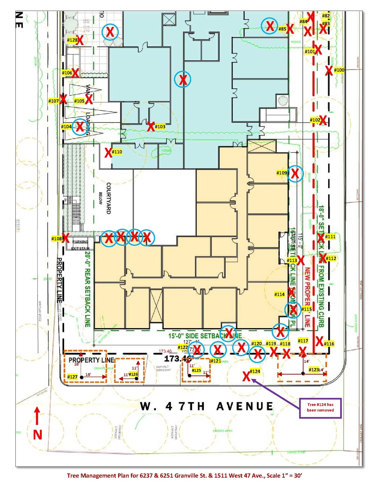 Construction site plan for project from page 39 of the file 'Arborist report'