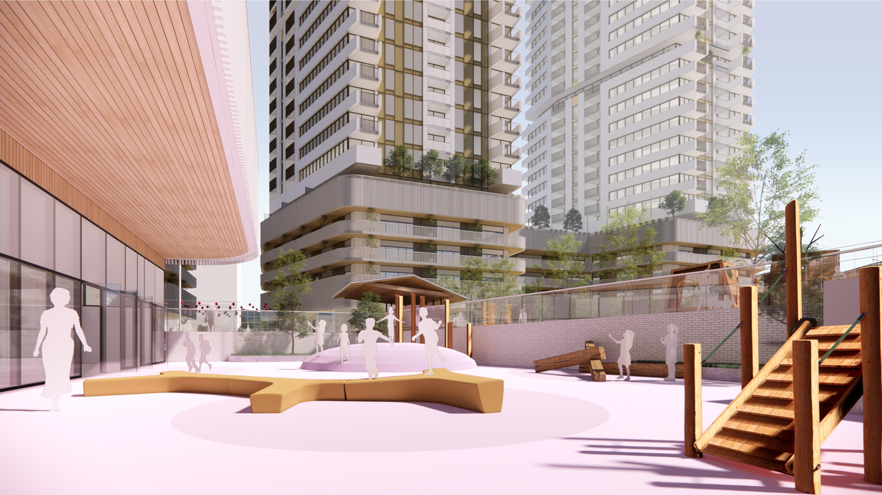 Rendering of building from page 18 of the file 'Info Session Boards - Applicant'