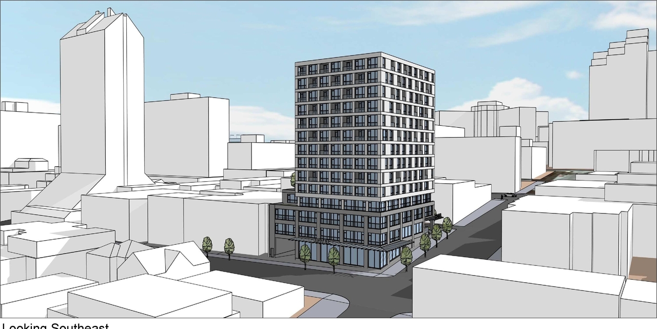 Rendering of building from page 25 of the file 'Architectural drawings'