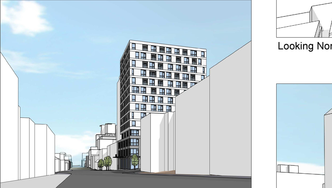 Rendering of building from page 25 of the file 'Architectural drawings'