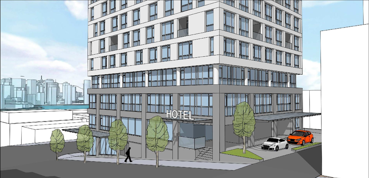 Rendering of building from page 25 of the file 'Architectural drawings'