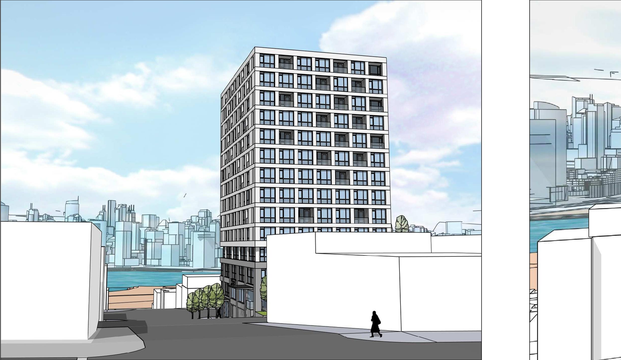 Rendering of building from page 25 of the file 'Architectural drawings'